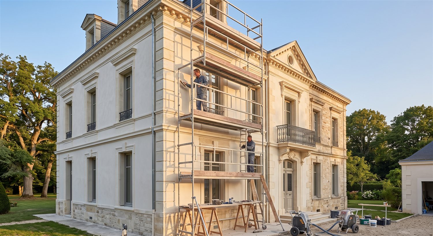 Rénovation d'une façade ancienne en enduit minéral clair, échafaudage